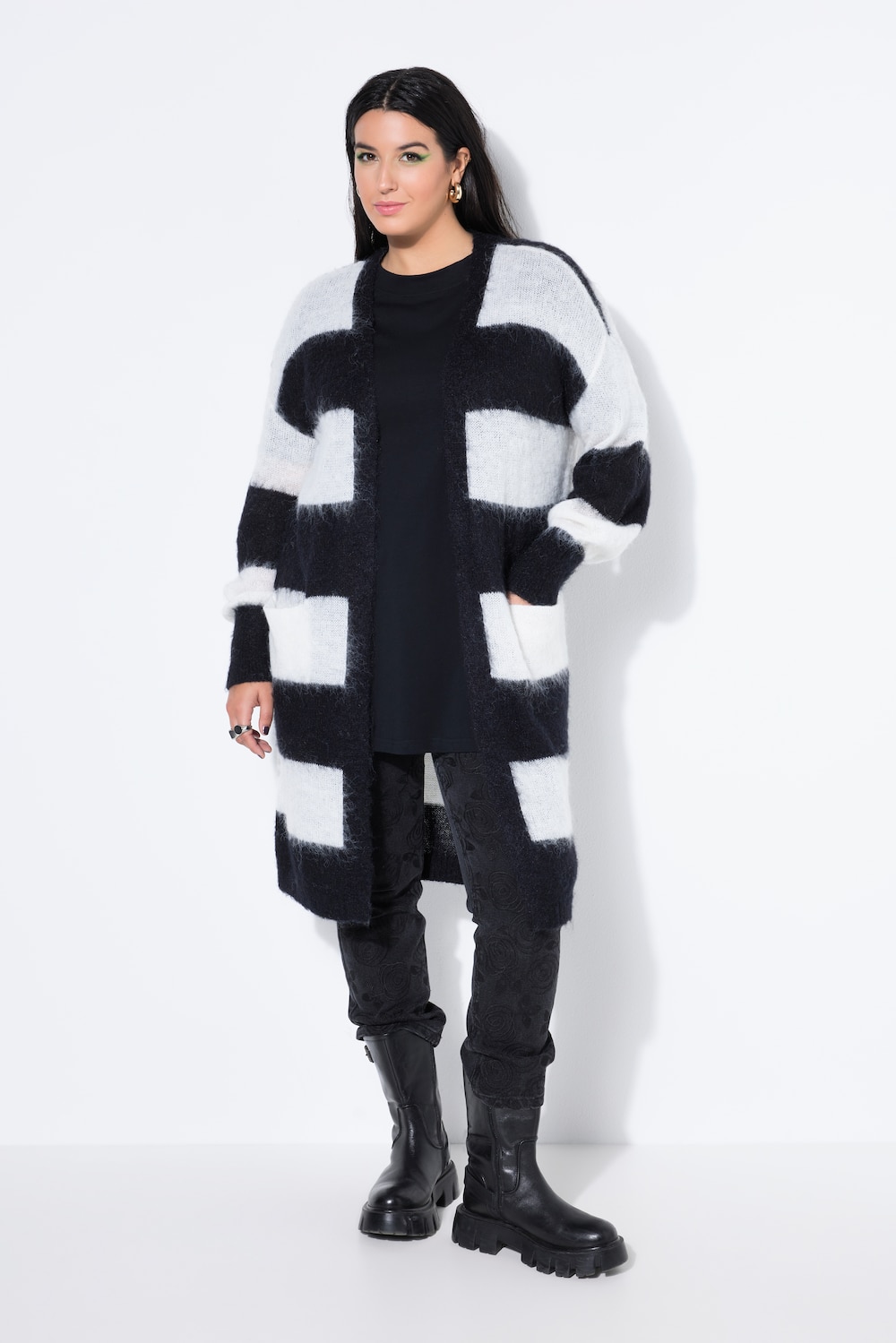 Große Größen Long-Strickjacke, Damen, schwarz, Größe: 54/56, Synthetische Fasern/Wolle/Polyester, Studio Untold von Studio Untold