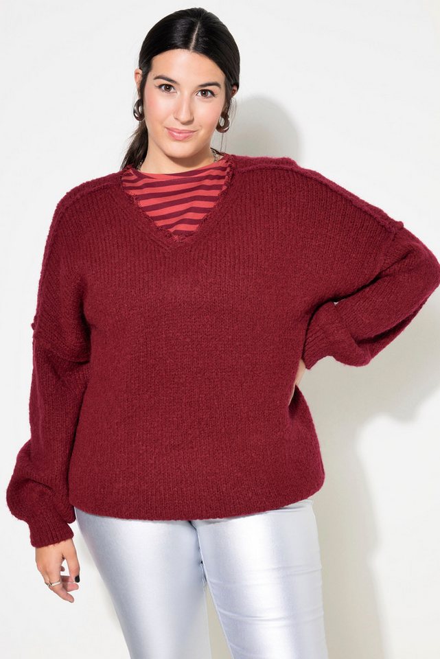 Studio Untold Fleecepullover Pullover V-Ausschnitt mit Spitze weiter Langarm von Studio Untold