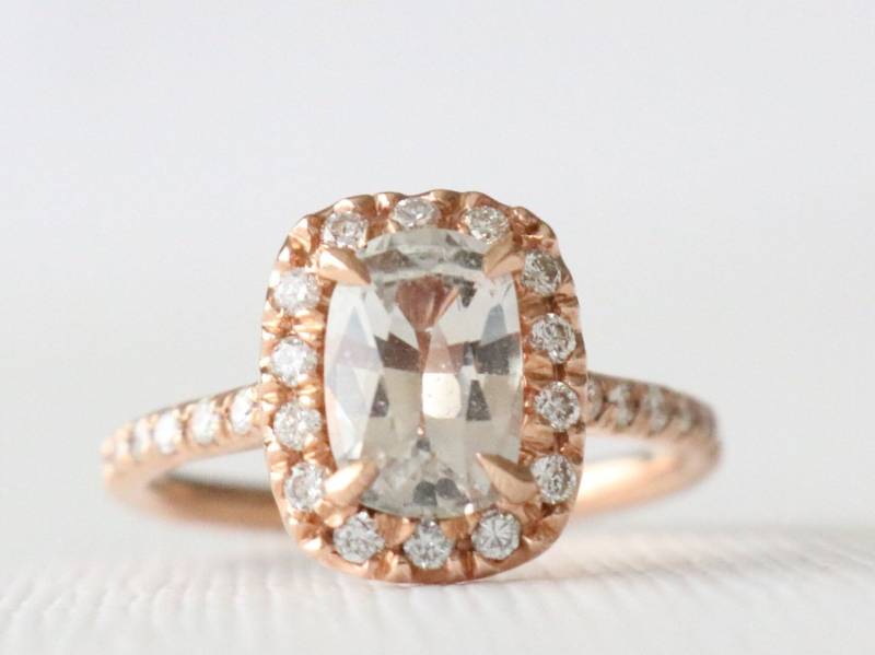 Gia Pfirsich Saphir Diamant Halo Ring 14K Rosegold Verlobungsring von Studio1040