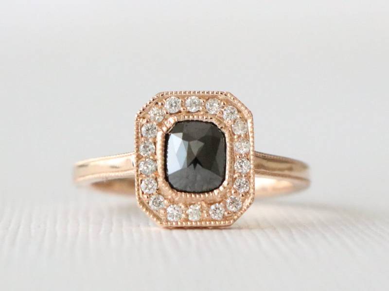 Kissen Rosenschliff Diamant Ring 14K Roségold Milgrain Halo von Studio1040