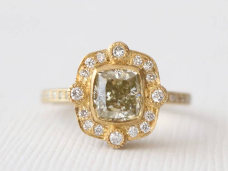 Champagner Kissenschliff Diamant Verlobungsring 18K Gelbgold Art Deco Ehering von Studio1040