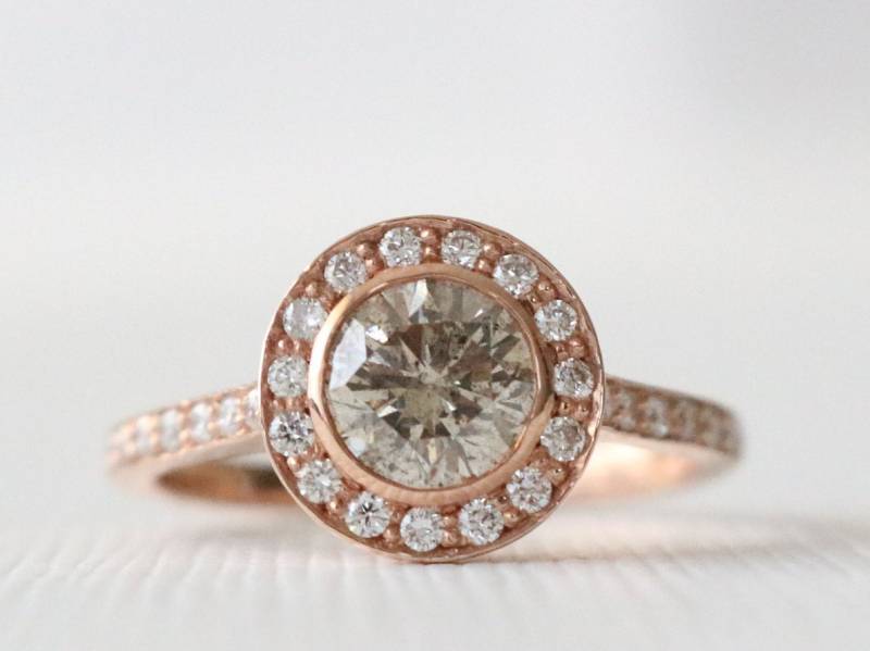 Champagner Diamant Halo Verlobungsring 14K Rosegold Ehering von Studio1040