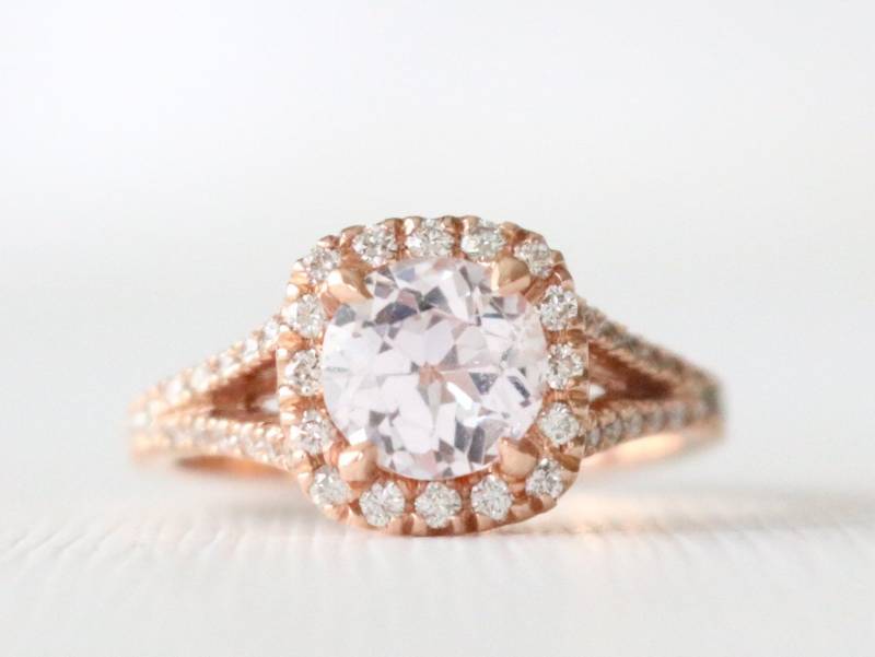 Pfirsich Saphir Diamant Halo Ring 14K Rosegold Spaltring von Studio1040