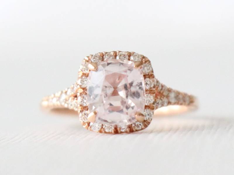 Pfirsich Saphir Diamant Halo Ring 14K Rosegold Spaltring von Studio1040
