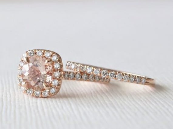 Morganit Diamant Halo Ring Set 14K Rosegold Ehering von Studio1040