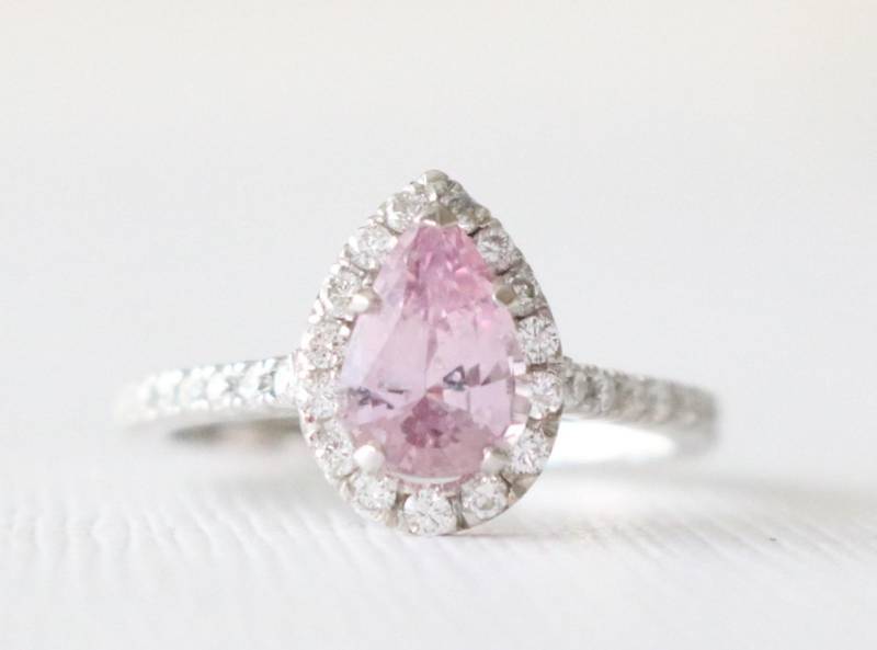 Tropfenschliff Rosa Saphir Diamant Halo Ring, Ehering 14K Weißgold von Studio1040