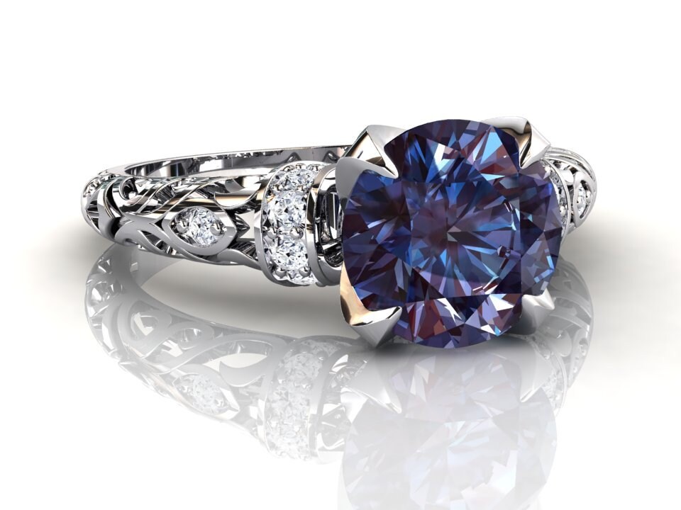 Damen Alexandrit Verlobungsring, Einzigartiger Platin Jahrestag Ring, Luxus Rund Edelstein Versprechen Juni Geburtsstein Schmuck von StudioAlexandrite