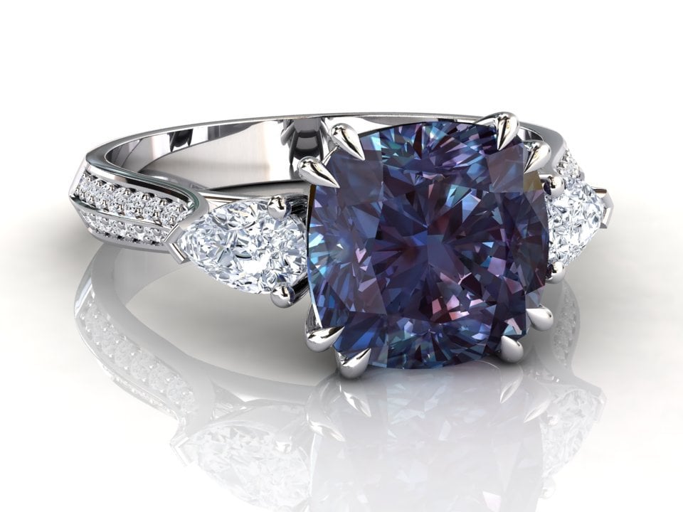 Platin Alexandrit Ring | Kissenschnitt 3 Stein Verlobungsring Ehering Set Brautset Natürliche Diamanten von StudioAlexandrite