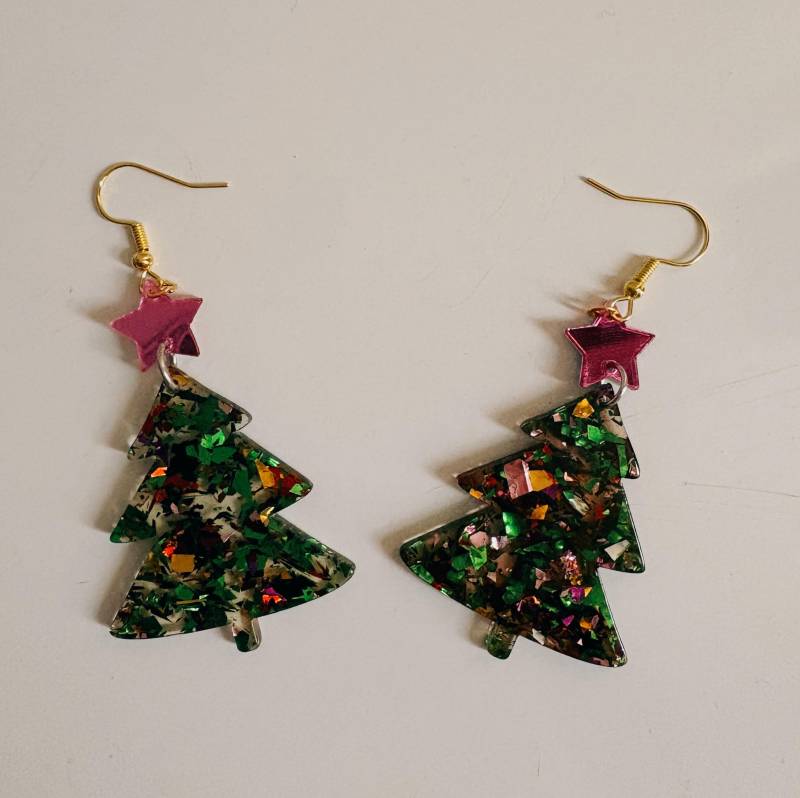Colorful Acrylic Christmas Tree Earrings - Festive Glitter Bling Holiday Jewelry, Fun Xmas Gift For Women & Teens von StudioAndStuff