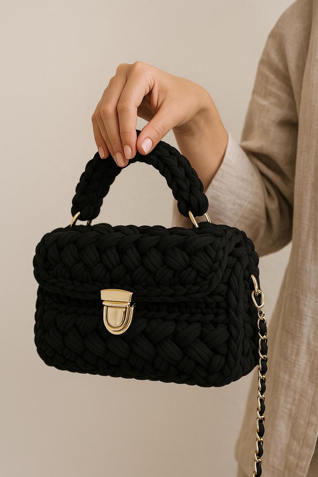 Handgefertigte Schwarze Gehäkelte Handtasche - Geflochtene Garntasche Mit Goldener Kette Elegante Schultertasche von StudioArlow