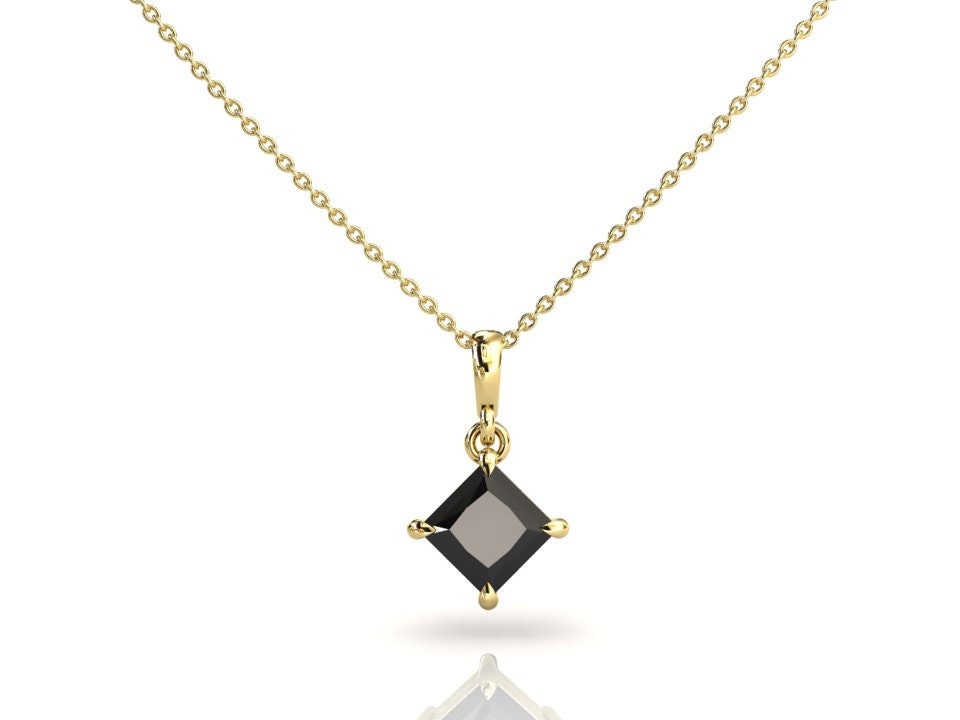 1.70Ct Schwarzer Diamant Anhänger | Layering Halskette Princess Cut Schwarze Kette Jubiläumsgeschenk Hochzeitsgeschenk Massives Gelbgold von StudioBlackDiamond