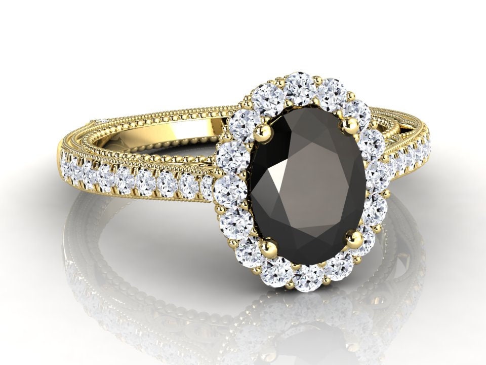 Schwarzer Diamant Halo Verlobungsring | Natürlicher Ovaler Schwarzer Diamantring Jubiläumsring Victorian Style Ring Gelbgold von StudioBlackDiamond
