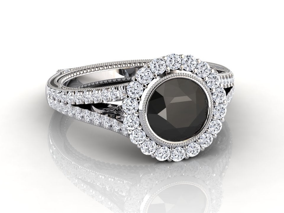 Schwarzer Diamant Halo Verlobungsring | Natürlicher Schwarzer Jubiläumsring Split Shank 14K Oder 18K Weißgold Ring von StudioBlackDiamond