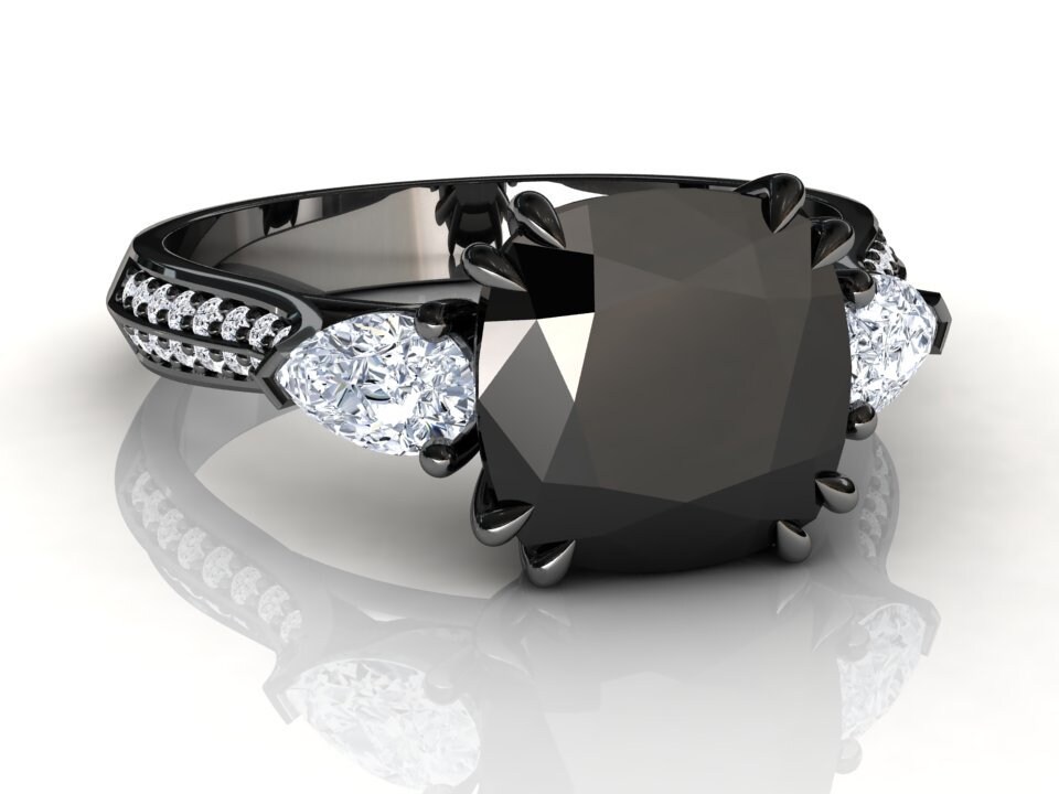 Schwarzer Diamant Ring | Verlobungsring Schwarz Gold 3 Ct Natürlicher Jubiläumsring Kissenschliff von StudioBlackDiamond