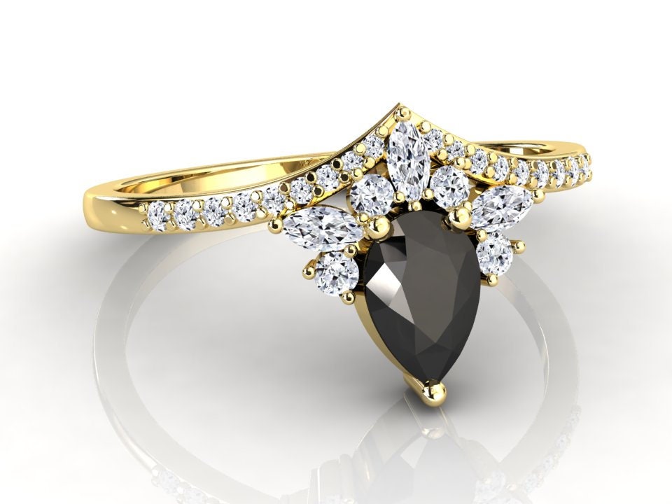 Schwarzer Diamant Ring | Verlobungsring in Birnenform Jubiläumsring Moderner Versprechensring Massiver Goldring von StudioBlackDiamond