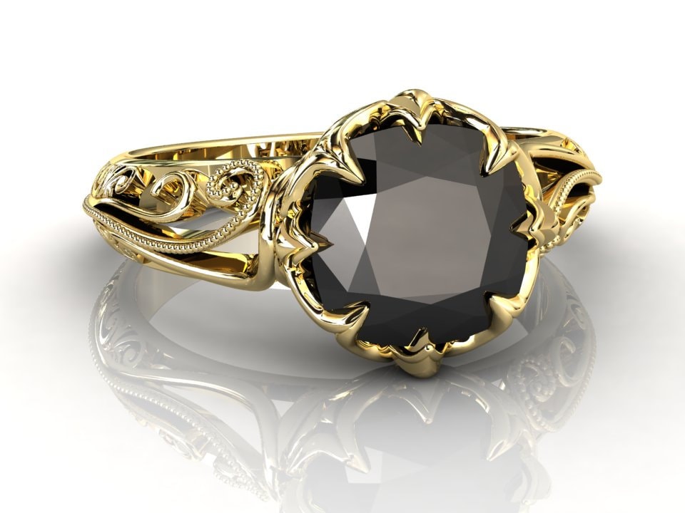 Schwarzer Diamant Verlobungsring | 3 Karat Jubiläumsring Kissenschliff Schwarz Diamant Gelbgold von StudioBlackDiamond