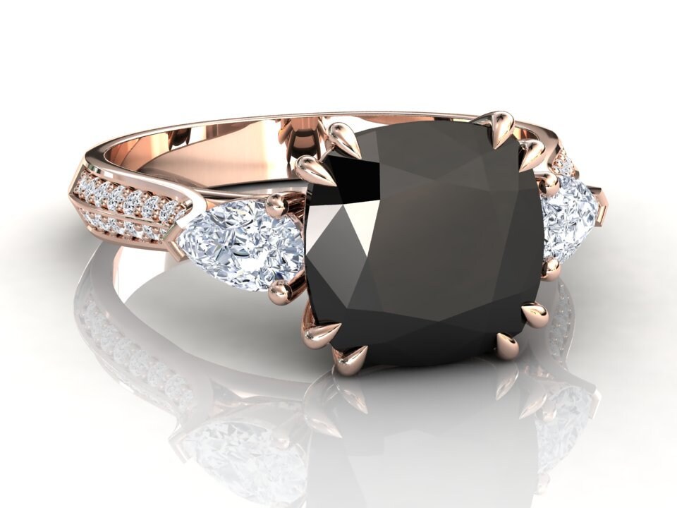 Schwarzer Diamant Verlobungsring | Natürlicher Schwarzer Jubiläumsring Kissenschliff Schwarz Diamant Rosegold Hochzeitsset von StudioBlackDiamond