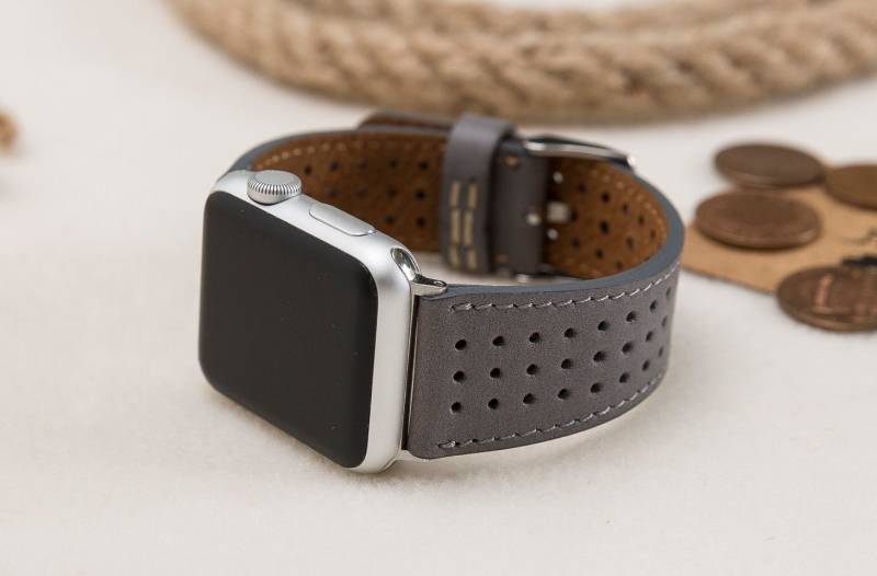 Perforiertes Graues Apple Uhrenarmband, Perforiertes Lederband 38 Mm 42 40 44 Für Watch 1-11 & Ultra 1-3, Kostenloser Versand von StudioFZ