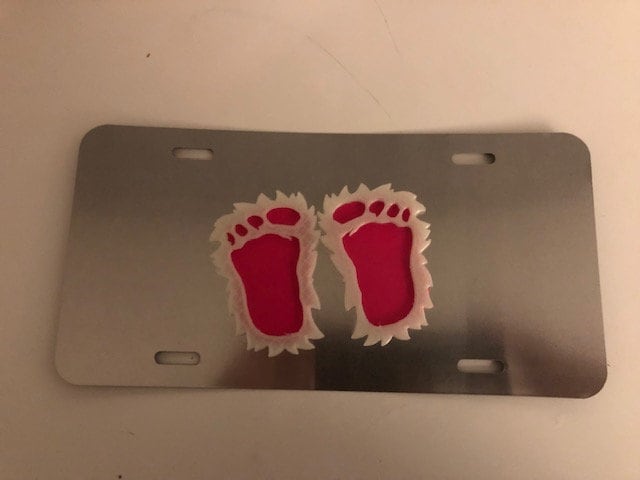 Bigfoot Sasquatch Hairy Feet in 3D-Grey-Pink With Glow Dark Hairs-License Plate Insert-I Believe von StudioFrame
