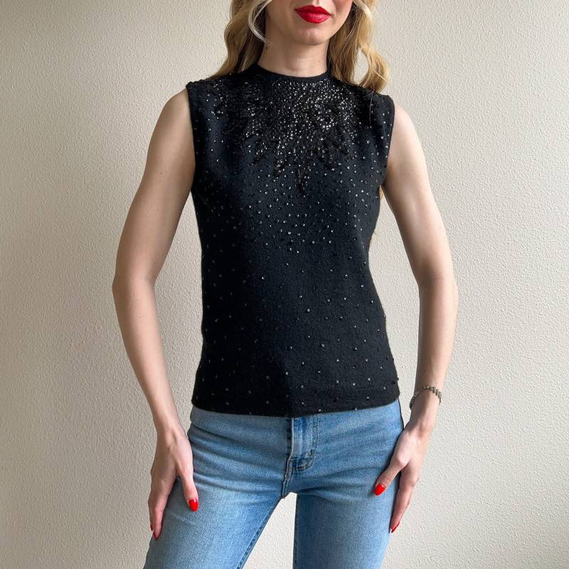 Vintage 1960Er Jahre Schwarzer Strick Sweater Top Mit Pailletten | S/M von StudioGloriaVintage