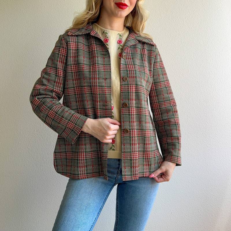 Vintage 1970Er Jahre Rot Und Grün Karierte Jacke Mit Knöpfen | S/M von StudioGloriaVintage