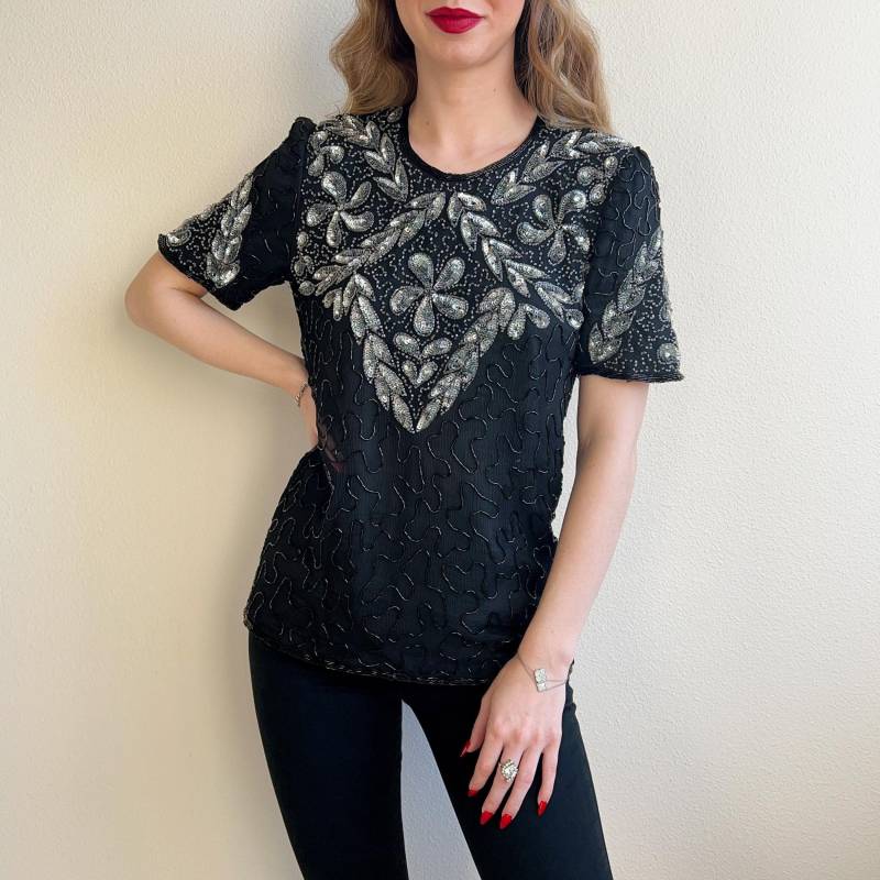 Vintage 1980S Schwarze Perlen Bluse Mit Silbernen Pailletten | S/M von StudioGloriaVintage
