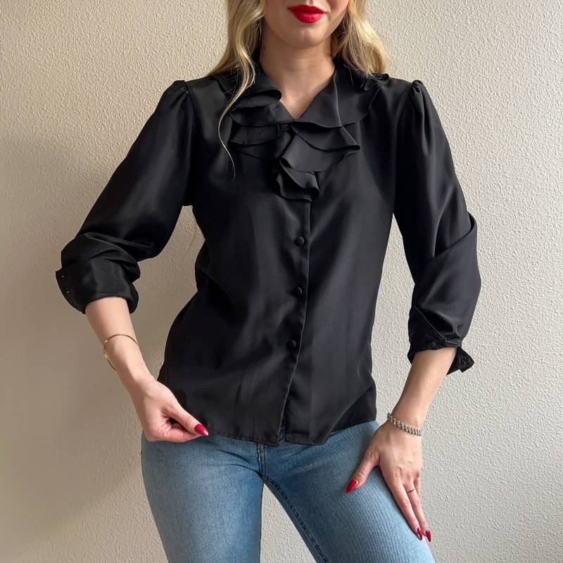 Vintage 1980S Schwarze Rüschen Langarm Bluse | S/M von StudioGloriaVintage