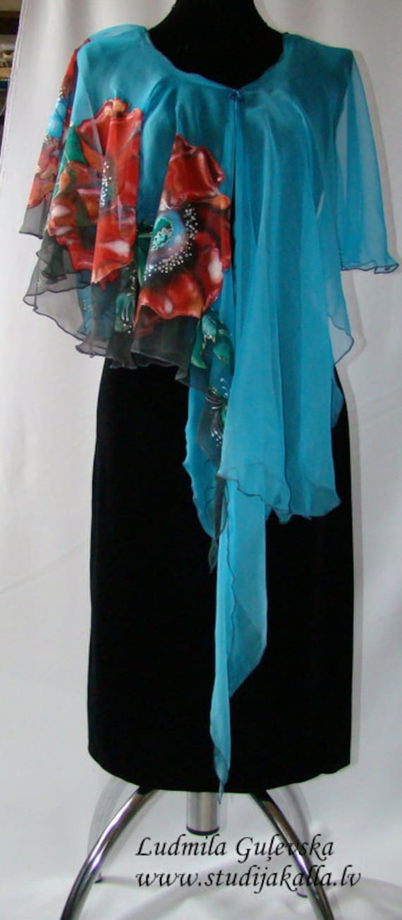 Poncho.natur Seide Doppelponcho - Wickel, Ozeanblau Geblümt, Ein Handbemaltes Wrap, Rote Mohnblumen Poncho.natur Seide Doppelponcho - Wickel, Ozeanblau Geblümt, Ein Handbemaltes Wrap, Rote Mohnblumen von StudioKalla