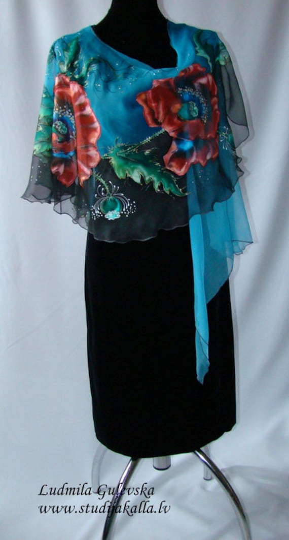 Poncho.natur Seide Doppelponcho - Wrap, Ozeanblau Geblümte Handbemalte Wickelfolie, Rote Mohnblumen von StudioKalla