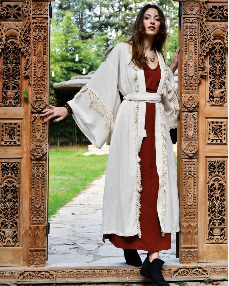Kimono Robe Aus Baumwolle Mit Fransen Boho Kaftan Strickjacke von StudioLalobaa
