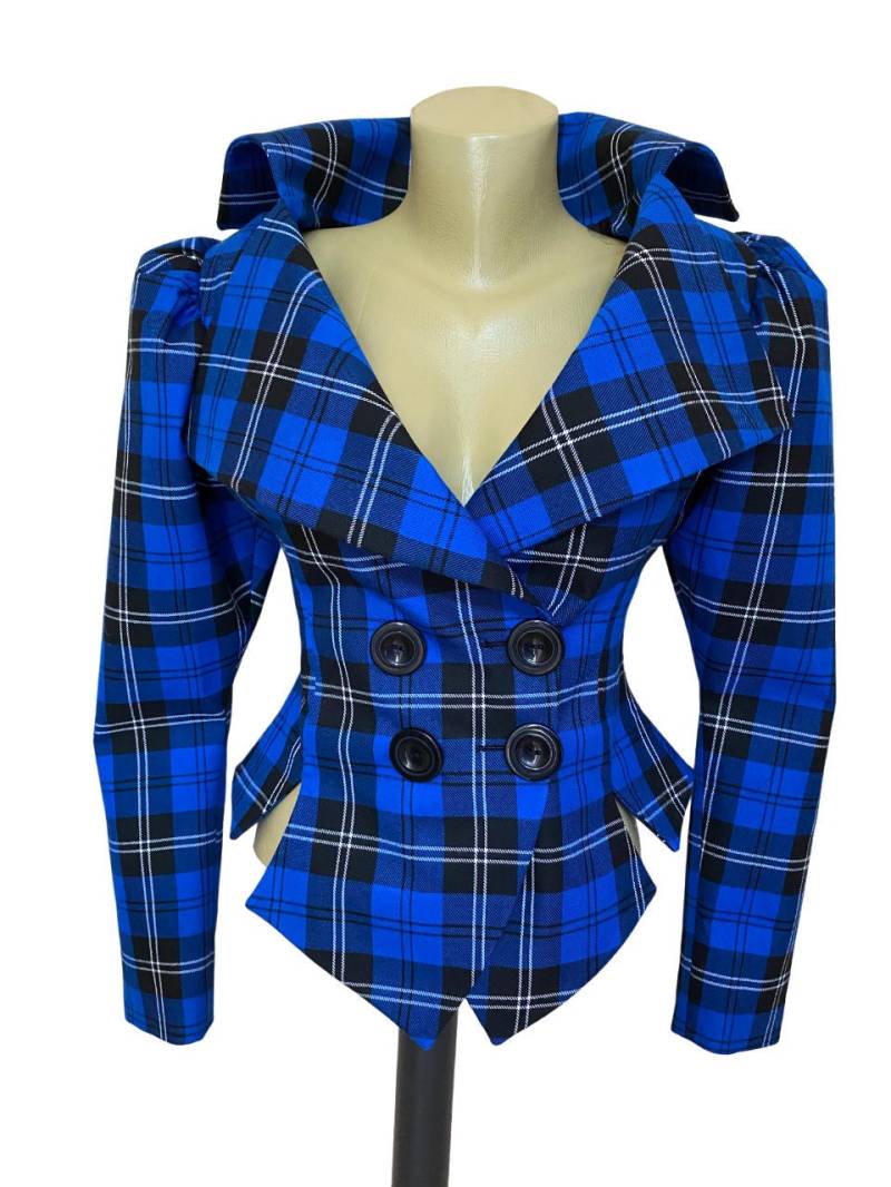 Karierte Karierte Jacke, Vintage-Stil Königsblaue Karo Steampunk Lady Blazer, Leg O Mutton Ärmel von StudioMariya