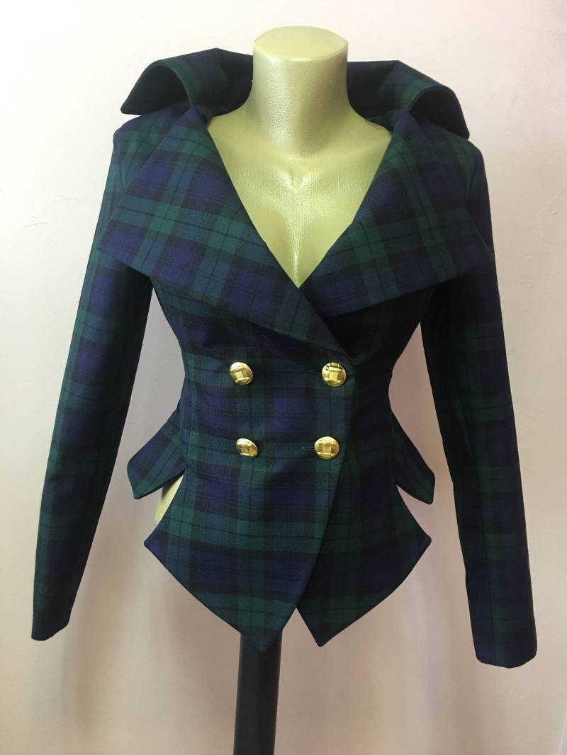 Tartan Karomuster Navy Grün Maßgeschneiderte Jacke, Vintage-Stil Karojacke, Black Watch Check Steampunk Lady Blazer von StudioMariya