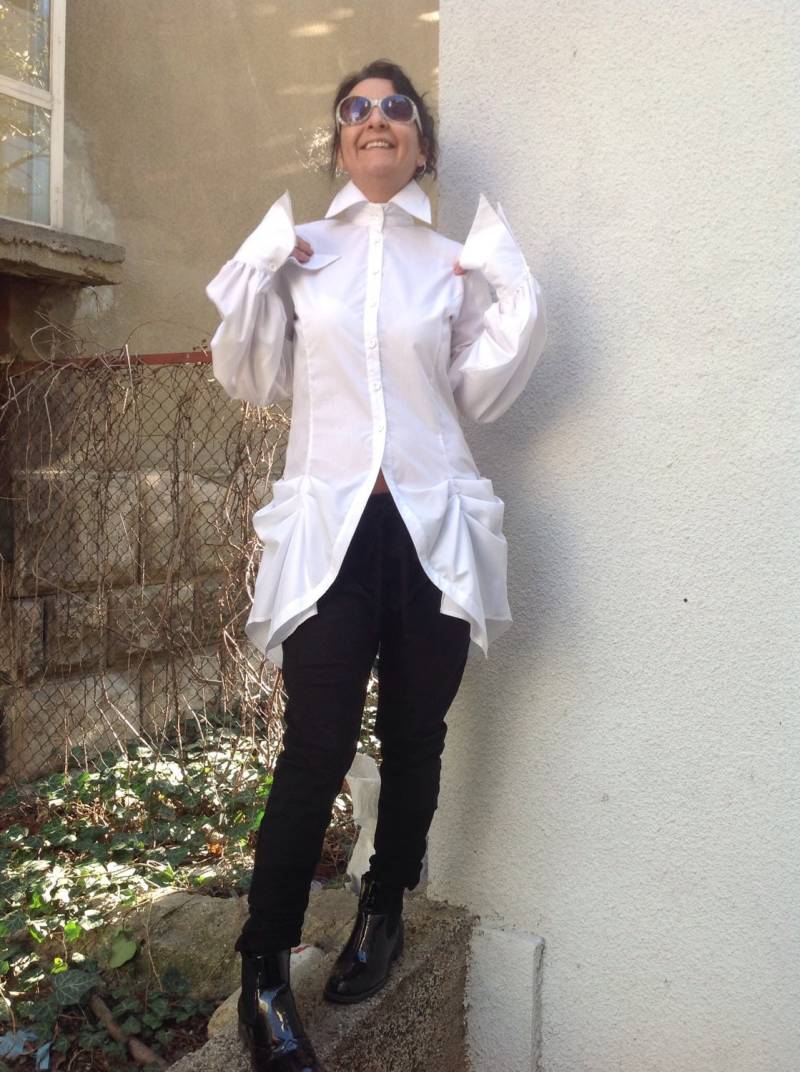 steampunk Damen Baumwolle Schmale Weiße Bluse/Extravagant Geschnittene Bluse von StudioMariya