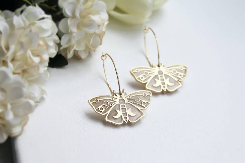 Butterfly Earrings, Hoop Polymer Clay 18K Gold Plated Hoops, Elegant Statement Moon von StudioNiani