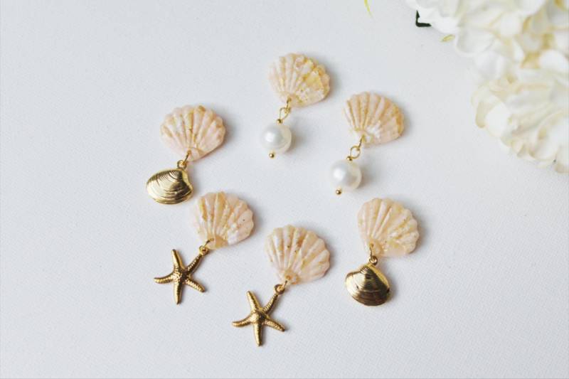 Elegant Shell Earrings, Starfish Seashell With Pearl, Polymer Clay Freshwater Pearl Summer Earrings von StudioNiani