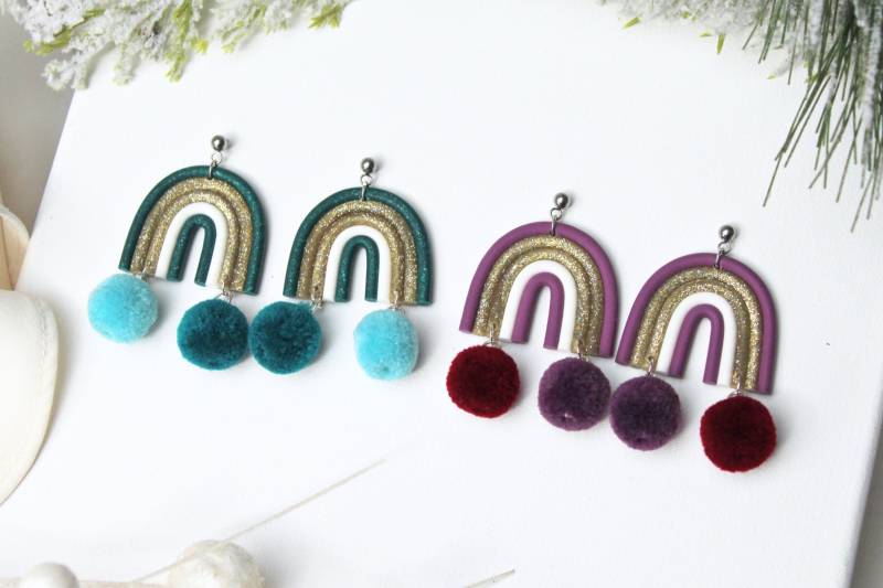 Rainbow Earrings, Christmas Dangle Pompon Polymer Clay Holiday Handmade, Green, Purple von StudioNiani