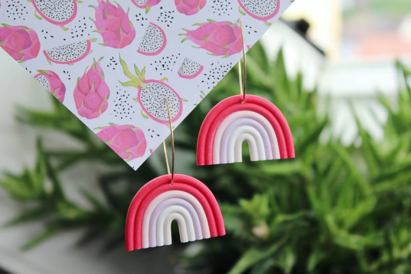 statement Rainbow Earrings, Pink Hoops, Clay Handmade, Large Hoop Geometric von StudioNiani