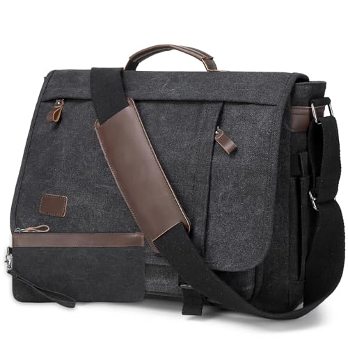 43,8 cm (17,3 Zoll) Messenger Bag für Herren: 2 Stück Laptop Arbeit PU-Leder Canvas Aktentasche Handgepäck Groß Computer für Büro College Reisen (schwarz) von Stuery