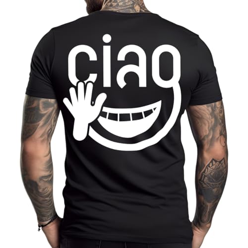 Stuff-Box Herren Fun Baumwoll T Shirt Kurzarm schwarz Smiley Ciao STB-1147 (DE/NL/SE/PL, Alphanumerisch, L, Regular, Regular, schwarz) von Stuff-Box