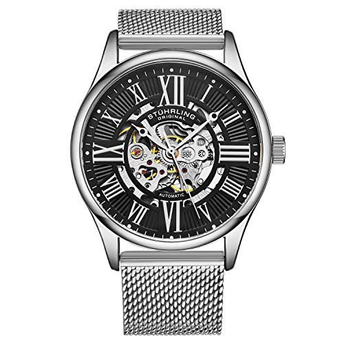 Stuhrling Original Herren-Armbanduhr, automatisch, selbstaufziehend, mechanisch, mit Edelstahl-Mesh-Armband, Silver/Black, Mechanische, automatische Armbanduhr von Stuhrling