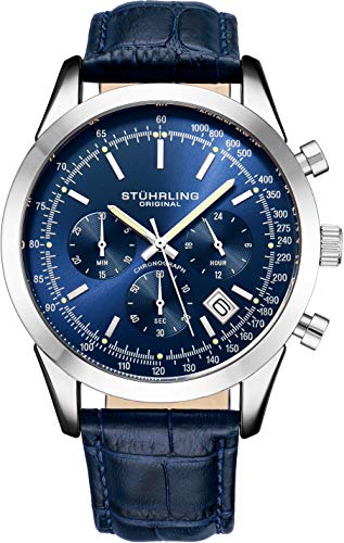 Stuhrling Original Herren-Chronograph– 44 mm Gehäuse in Silberoptik, blaues Zifferblatt, Tachymeter, 24-Stunden-Anzeige, Echtlederarmband, 10 ATM wasserdicht von Stuhrling