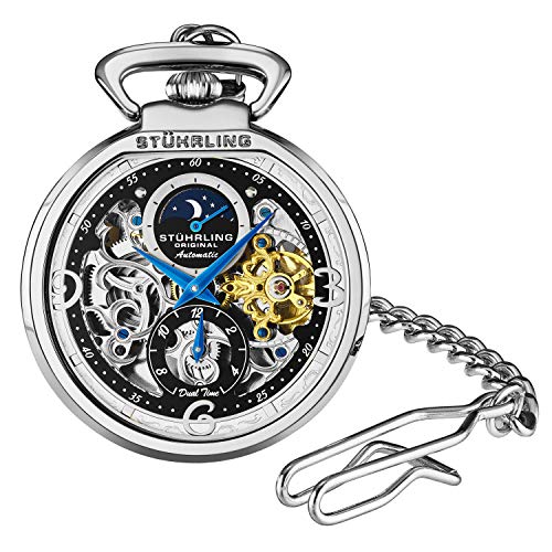 Stuhrling Original Automatische Taschenuhr für Herren, Skelett-Zifferblatt, mechanisches Uhrwerk mit Edelstahlkette, zweifache Uhrzeit AM/PM Sonne Mond Subdial, Silber, Klassisch von Stuhrling