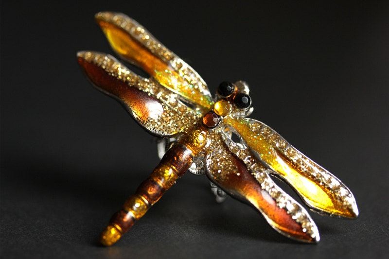 Bernstein Libellenring. Silber Ring Verstellbar. Gelb Und Orange Libellen Schmuck. Cocktail-Ring. Großer Ring von StumblingOnSainthood