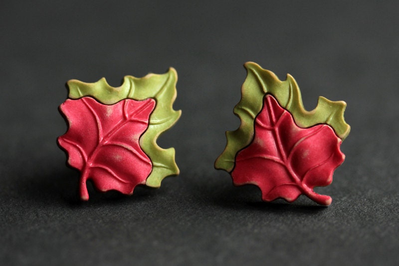 Blatt Ohrringe. Herbst Grünes Blatt, Rotes Bronze Rote Grüne Naturschmuck Handgemachte von StumblingOnSainthood