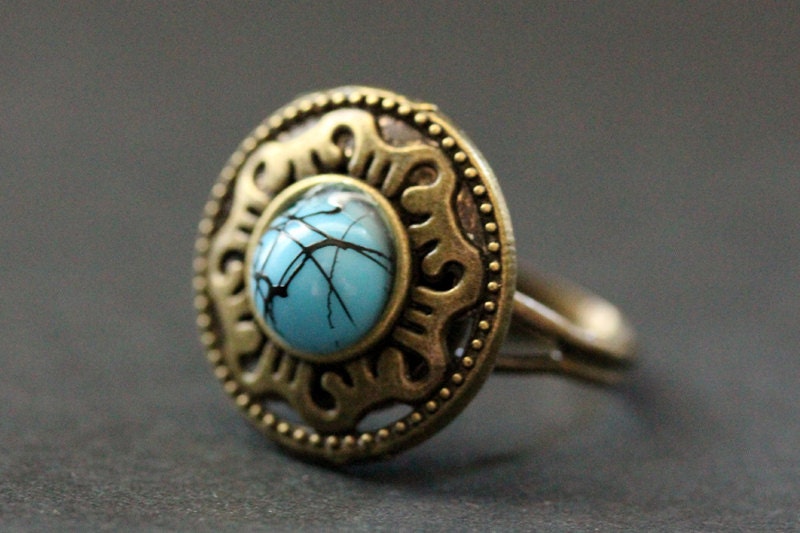 Bronze Mandala Ring in Türkis Und Silber. Mediterraner Mandala-Ring. Knopfring. Verstellbarer Ring. Handmade Schmuck von StumblingOnSainthood