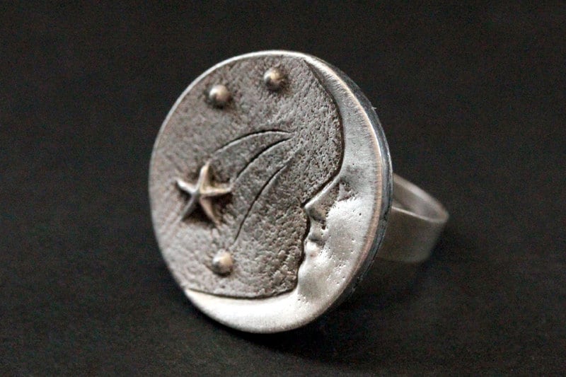 Halbmond Ring. Mond Und Sterne Nachthimmel Ring in Silber. Verstellbarer Handmade Schmuck von StumblingOnSainthood