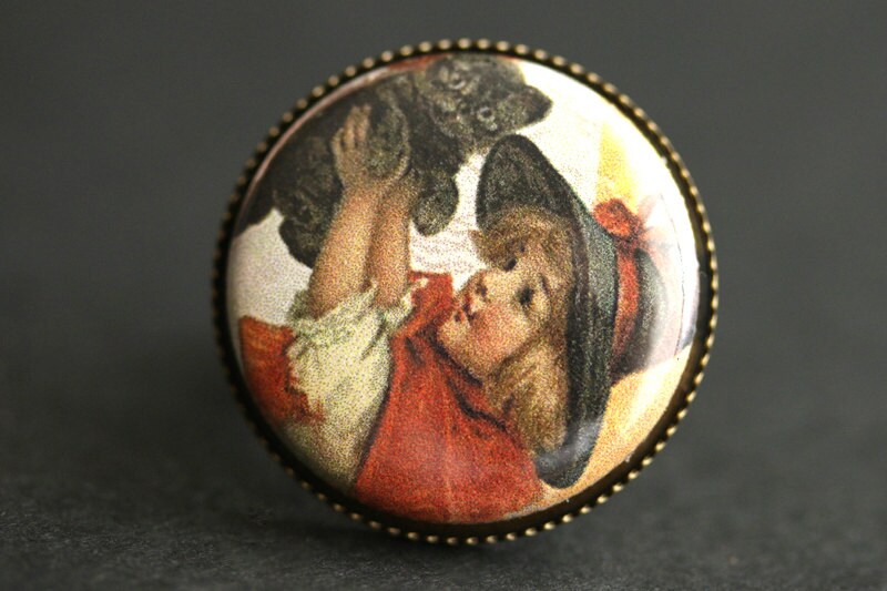 Hexe Ring. Halloween-Ring. Vintage Print Knopfring. Niedlicher Ring Mit Und Schwarzer Katze. Verstellbarer Bronze-Ring. Handmade Schmuck von StumblingOnSainthood
