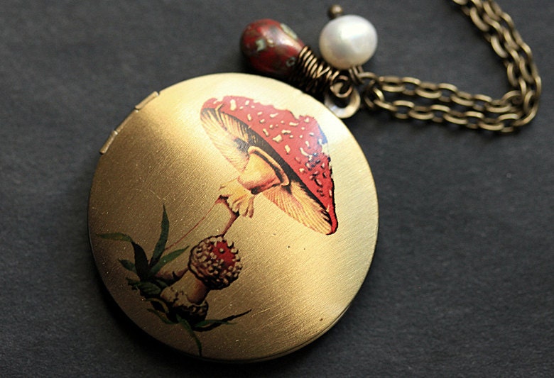 Krötenhocker Halskette. Roter Pilz Locket Halskette, Bronze Kette Mit Träne Und Süsswasserperle. Handmade Schmuck von StumblingOnSainthood
