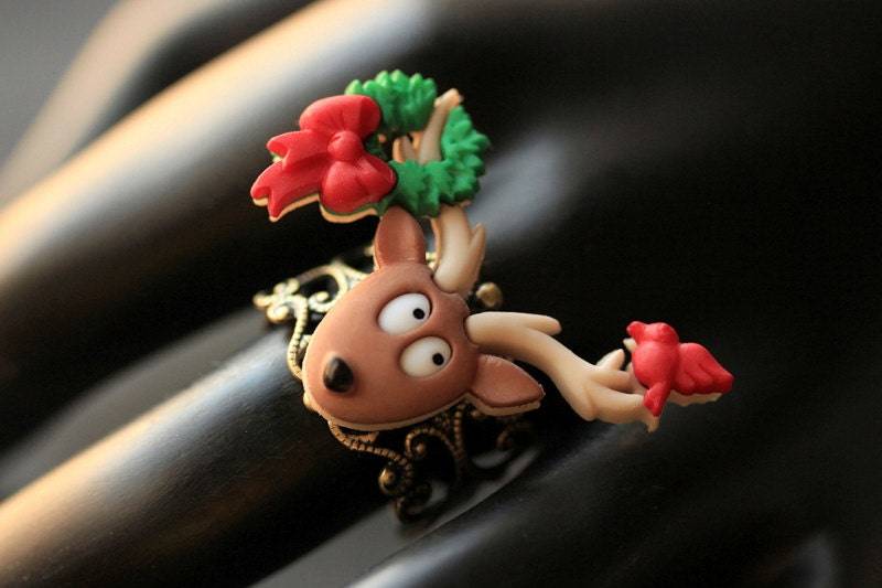 Rentier Ring. Weihnachts-Ring. Hirsch Urlaub Schmuck. Verstellbarer Weihnachtsschmuck. Bronze-Ring. Handmade von StumblingOnSainthood
