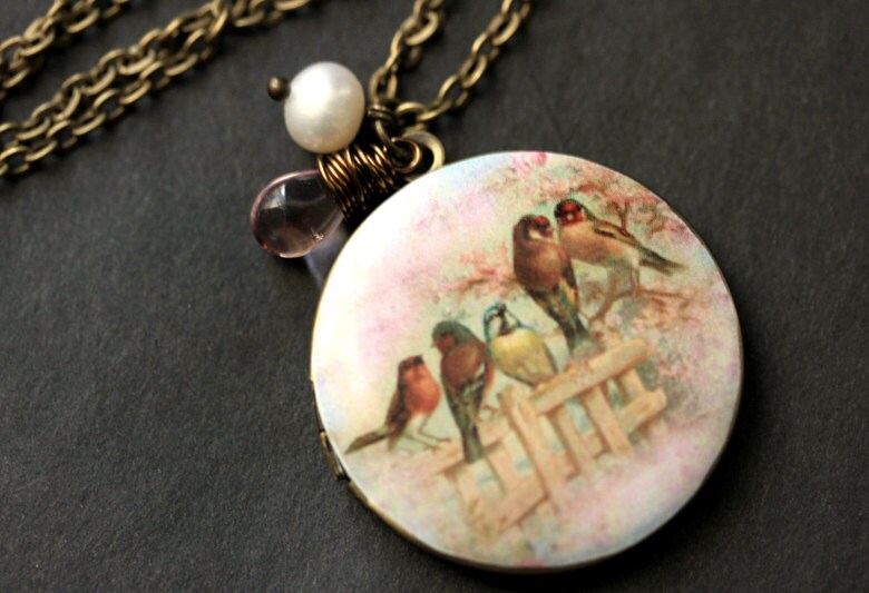 Sommer Garten Halskette. Vogel-Familie Locket Vogel Bronze Halskette Mit Rosa Teardrop Und Süsswasserperle von StumblingOnSainthood